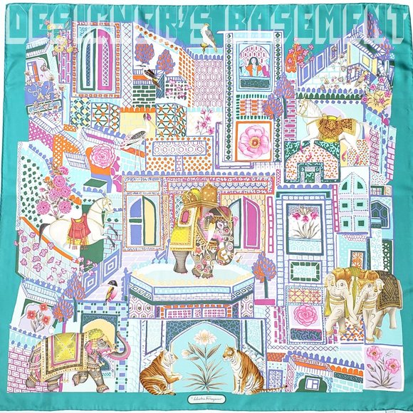 SALVATORE FERRAGAMO aqua Jungle Tower GEMMA ELEPHANT silk scarf NWT + envelope🎁 - Picture 1 of 4